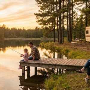 A family enjoying an RV camping trip at sunset by a calm lake. A father and young daughter fish from a wooden dock while a mother sits nearby in a camp chair reading a book, with a white motorhome parked among pine trees in the background.