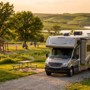 Silver Class C motorhome parked at a scenic lakeside campground at golden hour, with a picnic table nearby and families enjoying a wooden playground among grassy rolling hills in the background.