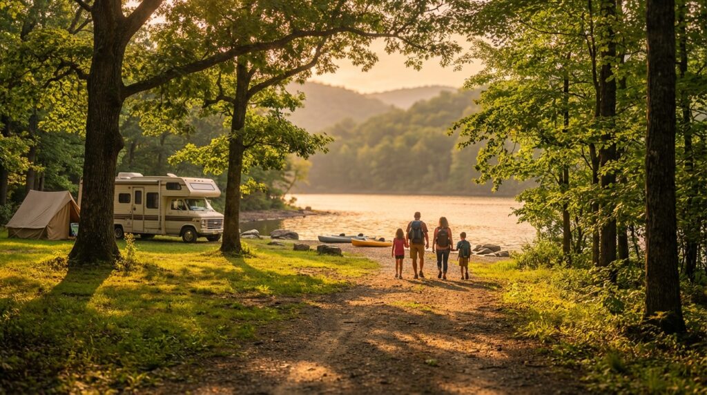 Family of four with backpacks walking down a dirt path toward a serene lake at sunset, with a parked RV, a canvas tent, and two kayaks set up at a wooded shoreline campsite against a backdrop of rolling mountains.