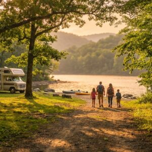 Family of four with backpacks walking down a dirt path toward a serene lake at sunset, with a parked RV, a canvas tent, and two kayaks set up at a wooded shoreline campsite against a backdrop of rolling mountains.
