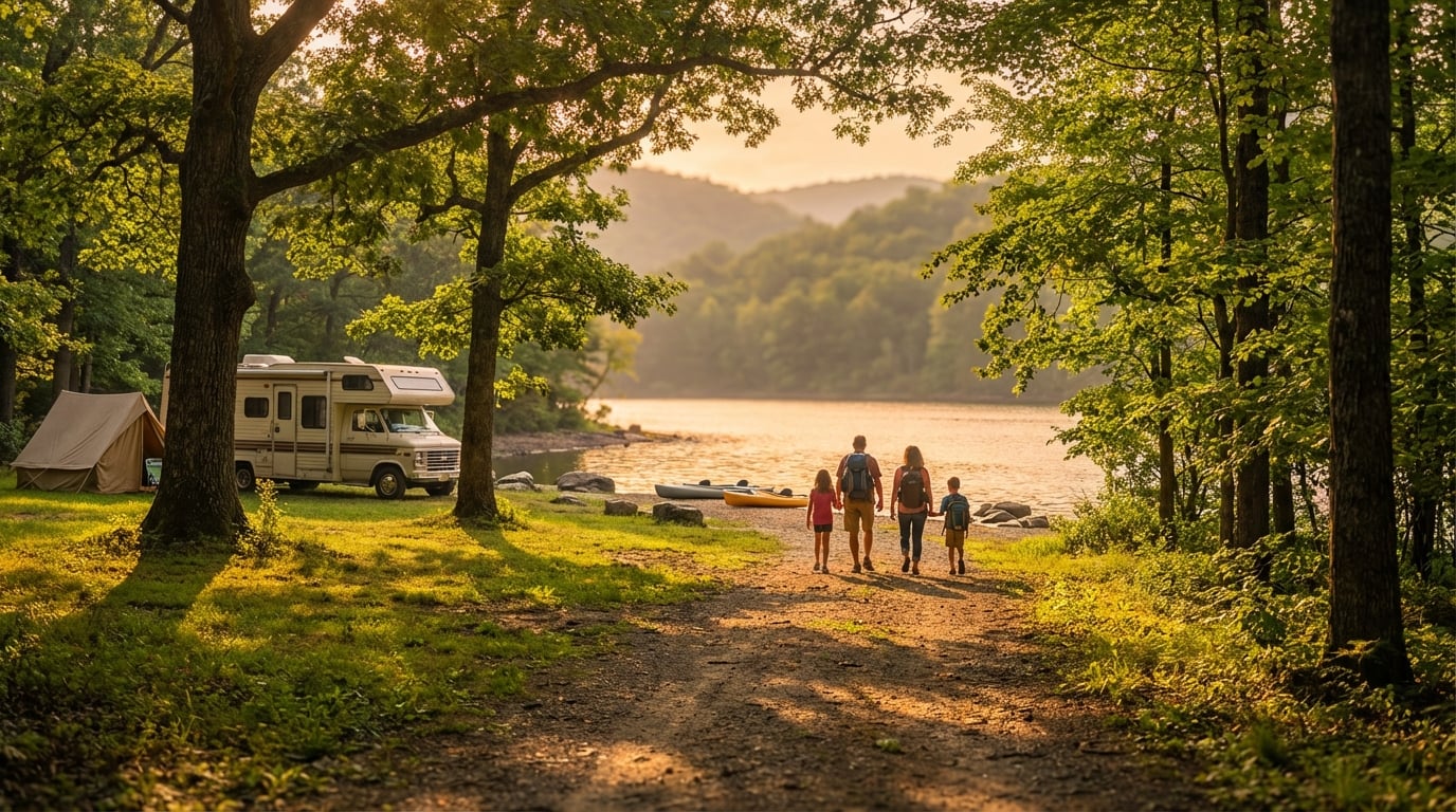 Family of four with backpacks walking down a dirt path toward a serene lake at sunset, with a parked RV, a canvas tent, and two kayaks set up at a wooded shoreline campsite against a backdrop of rolling mountains.