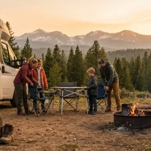 A family of four sets up camp beside a white RV at a dirt campsite surrounded by pine trees. Parents and two children stand near folding chairs and a table next to a crackling fire pit. Fishing rods and hiking boots rest on a log in the foreground, with snow-capped mountains visible under a golden sunset sky in the background.