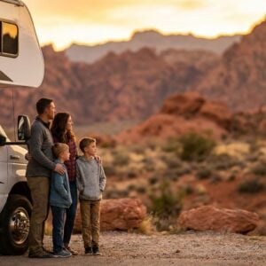 A family of four stands beside a white RV motorhome, looking out at a scenic red rock desert mountain landscape at sunset.