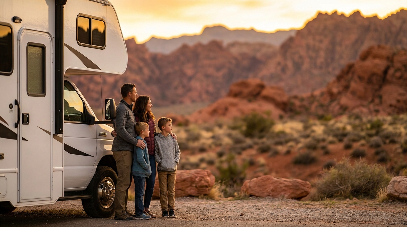 A family of four stands beside a white RV motorhome, looking out at a scenic red rock desert mountain landscape at sunset.
