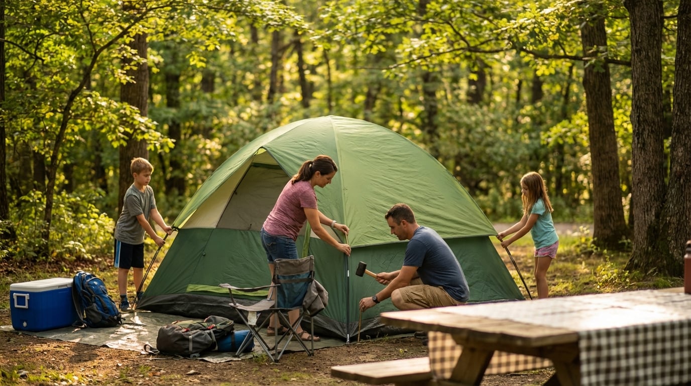A family of four setting up a green camping tent together in a sunlit forest. The father kneels to hammer a tent stake while the mother, young son, and daughter hold the tent poles. Camping gear including a blue cooler, backpacks, and a folding chair are gathered nearby.