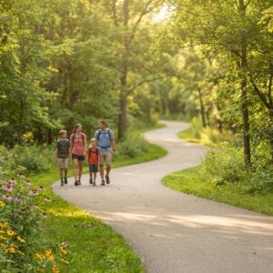 A family of four wearing backpacks walks along a winding paved trail through a sunlit green forest with purple and yellow wildflowers blooming in the foreground.