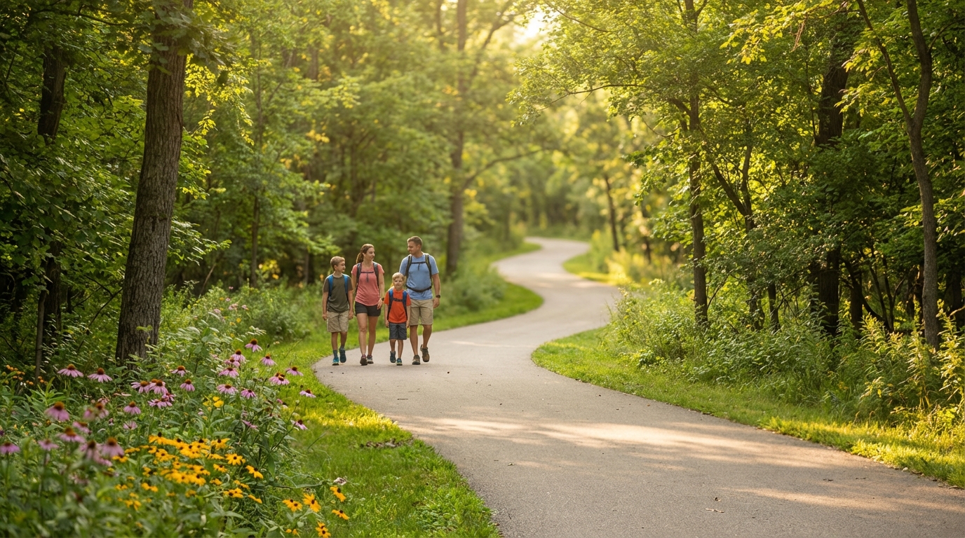 A family of four wearing backpacks walks along a winding paved trail through a sunlit green forest with purple and yellow wildflowers blooming in the foreground.