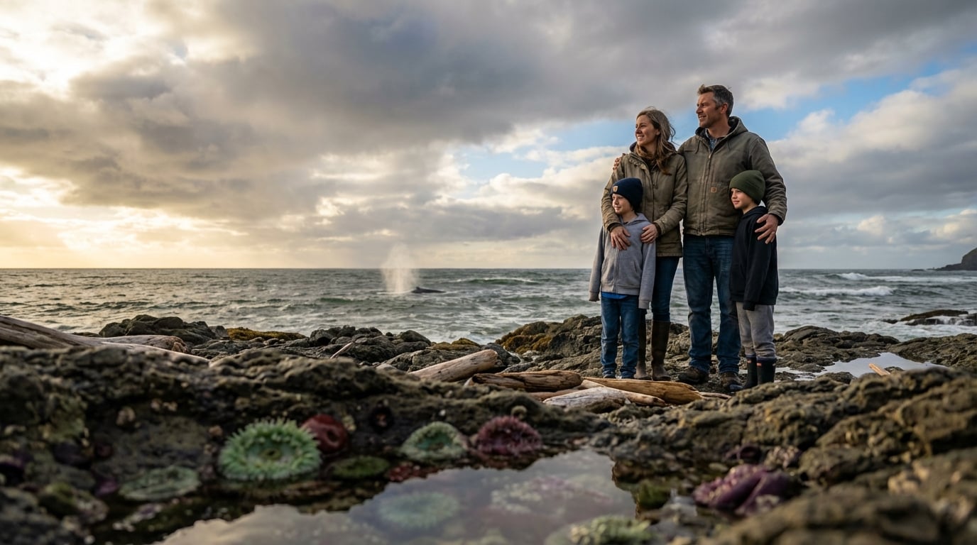 A family of four wearing warm winter clothing stands together on a rocky, driftwood-strewn coastline looking out at a whale spouting in the distant ocean, with vibrant green and purple sea anemones visible in a foreground tide pool under a dramatic, cloudy sky.