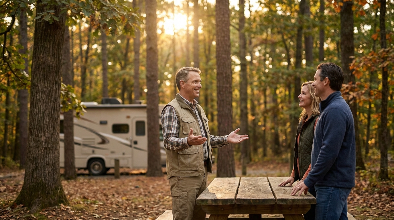 A man in a vest gestures warmly while talking to a smiling couple by a wooden picnic table at an autumn forested campsite with a parked RV motorhome visible in the sunlit background.