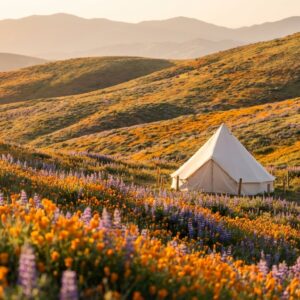 A white canvas glamping tent pitched on a rolling hillside blanketed in a vibrant superbloom of orange poppies and purple lupines, with distant mountains under a warm golden hour sky.