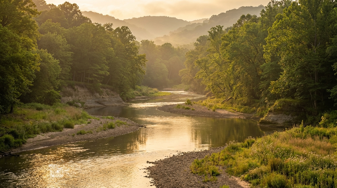 Scenic view of a winding river flowing through lush green forests and gravel banks, illuminated by golden sunlight with misty rolling hills in the background