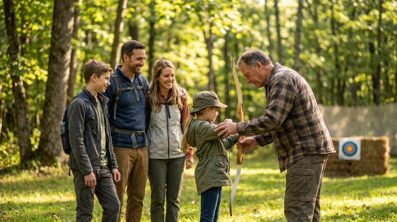 An older man in a flannel shirt helps a young girl in a sun hat hold an archery bow in a sunlit forest clearing, while her smiling parents and older brother watch. An archery target on a hay bale is visible in the background.