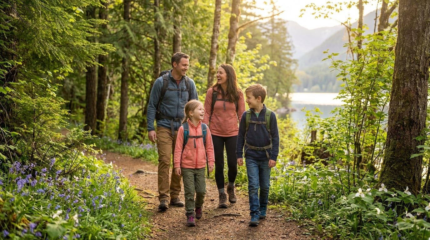 A smiling family of four wearing backpacks hikes along a dirt forest trail lined with spring wildflowers, surrounded by lush green trees with a scenic lake and mountains in the background.