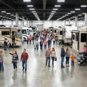 Wide angle view of a busy indoor RV show inside a large convention center, featuring rows of motorhomes and travel trailers lining a central aisle where families and couples walk, browse, and step inside the vehicles to inspect them.