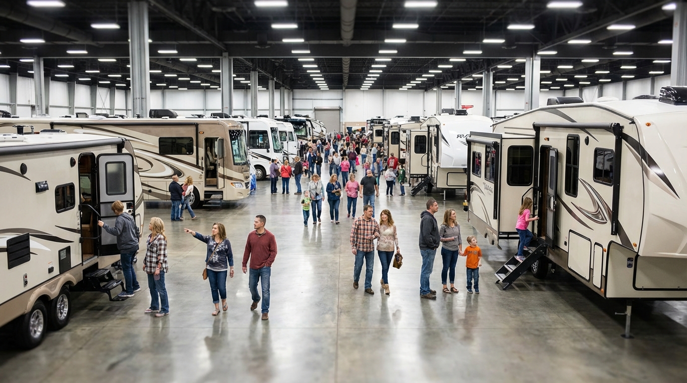 Wide angle view of a busy indoor RV show inside a large convention center, featuring rows of motorhomes and travel trailers lining a central aisle where families and couples walk, browse, and step inside the vehicles to inspect them.