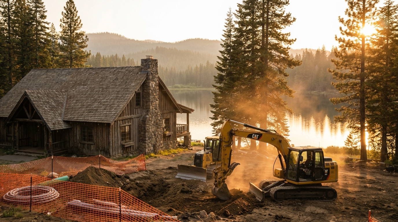 A yellow CAT excavator and bulldozer perform groundwork behind orange safety fencing next to a rustic wooden lakefront cabin with a stone chimney. The construction site kicks up dust illuminated by a golden sunrise, with tall pine trees, a calm lake, and distant mountains in the background.