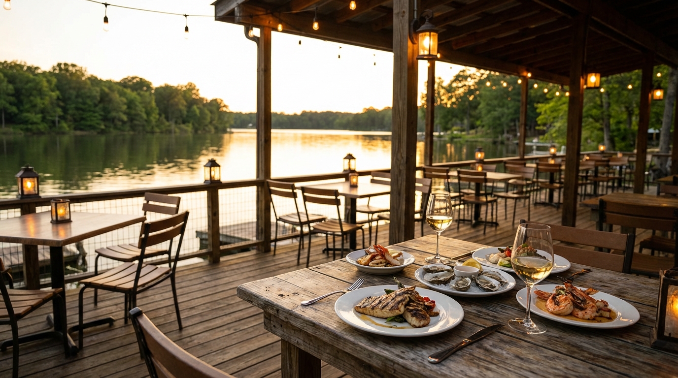 Plates of fresh seafood including grilled fish, oysters, and shrimp alongside glasses of white wine on a rustic wooden table at a waterfront restaurant patio, overlooking a calm tree-lined lake at sunset with glowing string lights and lanterns