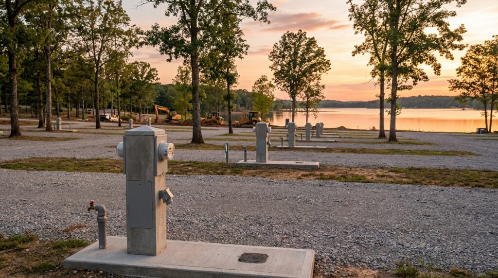 Newly constructed lakeside RV park at sunset featuring empty gravel campsites with concrete utility pedestals in the foreground and yellow construction equipment parked near the water among trees in the background.