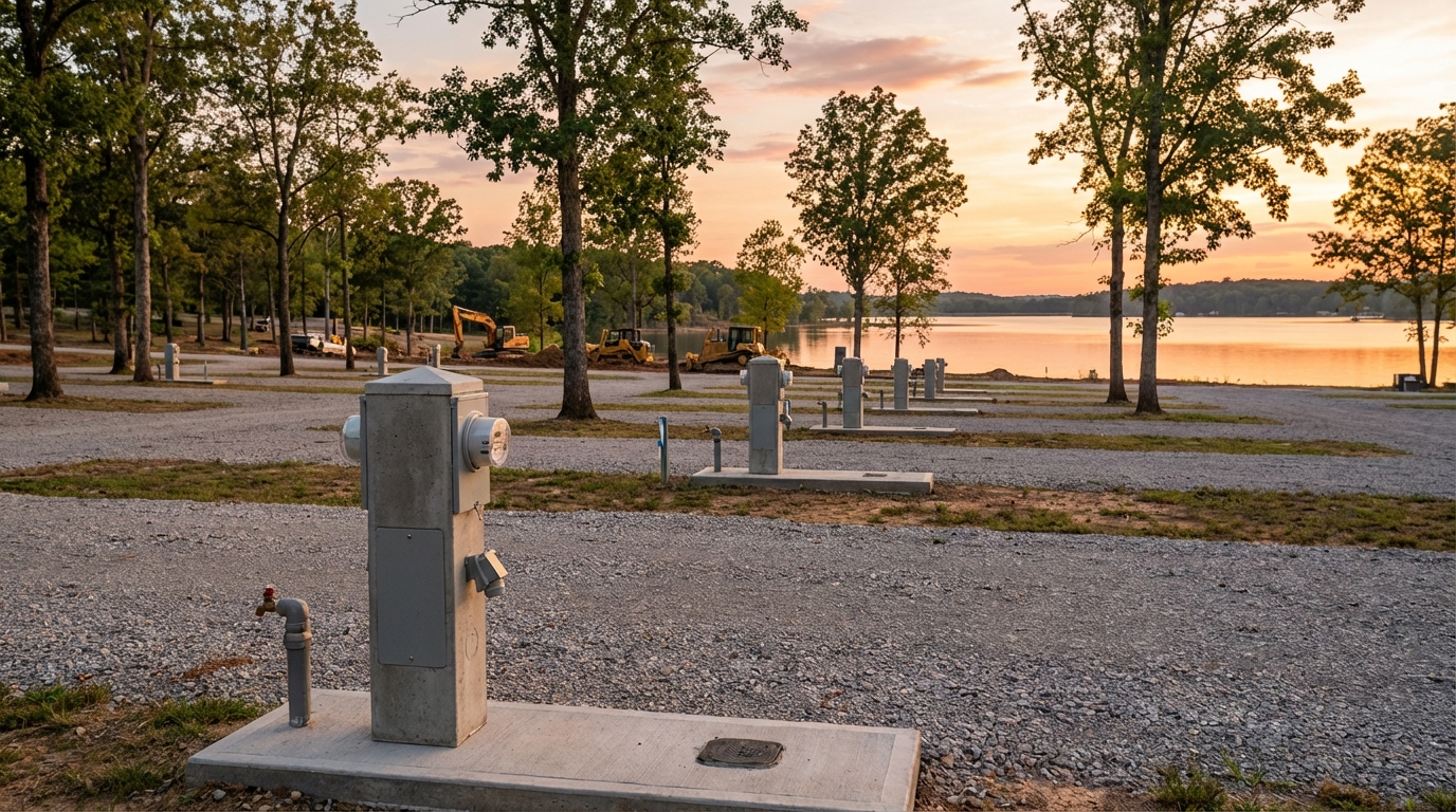 Newly constructed lakeside RV park at sunset featuring empty gravel campsites with concrete utility pedestals in the foreground and yellow construction equipment parked near the water among trees in the background.