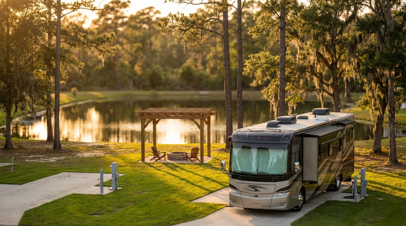 Large luxury Class A motorhome parked on a concrete pad at a scenic lakeside RV resort featuring a wooden pergola with a stone fire pit and two chairs overlooking a calm lake surrounded by pine trees draped in Spanish moss during golden hour.