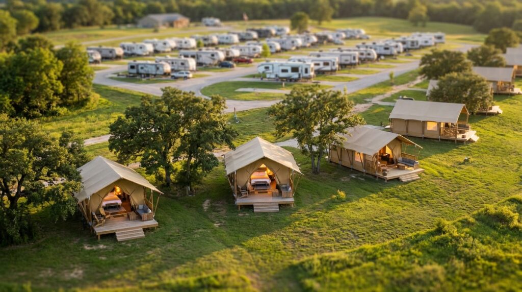 Aerial view of a campground featuring luxury canvas glamping tents on wooden decks in a grassy foreground, with a large RV park full of white campers in the background.