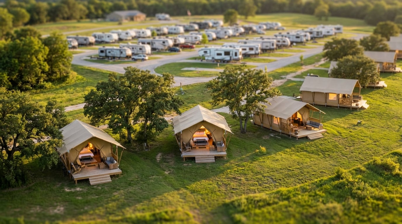 Aerial view of a campground featuring luxury canvas glamping tents on wooden decks in a grassy foreground, with a large RV park full of white campers in the background.