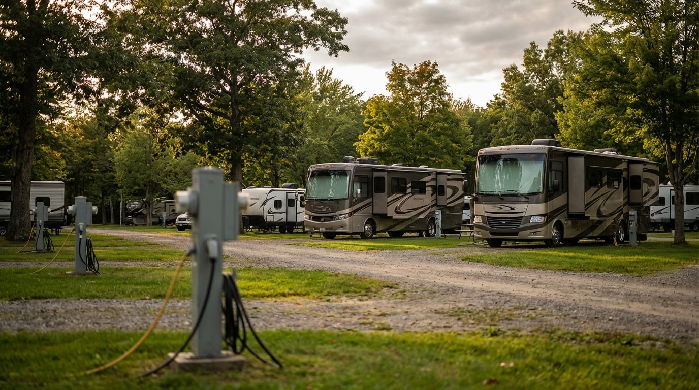 Large Class A motorhomes and travel trailers parked along a gravel road at a wooded RV park, featuring electrical hookup pedestals in the foreground under a cloudy late-afternoon sky