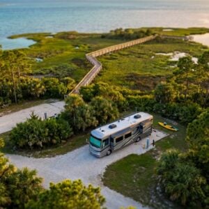 Aerial view of a large silver motorhome parked at a serene coastal campground surrounded by lush green trees. A yellow kayak rests on the grass beside the RV, and a long wooden boardwalk winds through vibrant marshland toward calm blue water in the background.