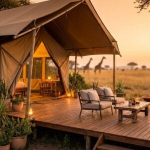 Warmly lit luxury safari tent and wooden deck featuring a roaring fire pit and lounge chairs, overlooking an African savanna at sunset with silhouettes of giraffes and elephants in the distance.