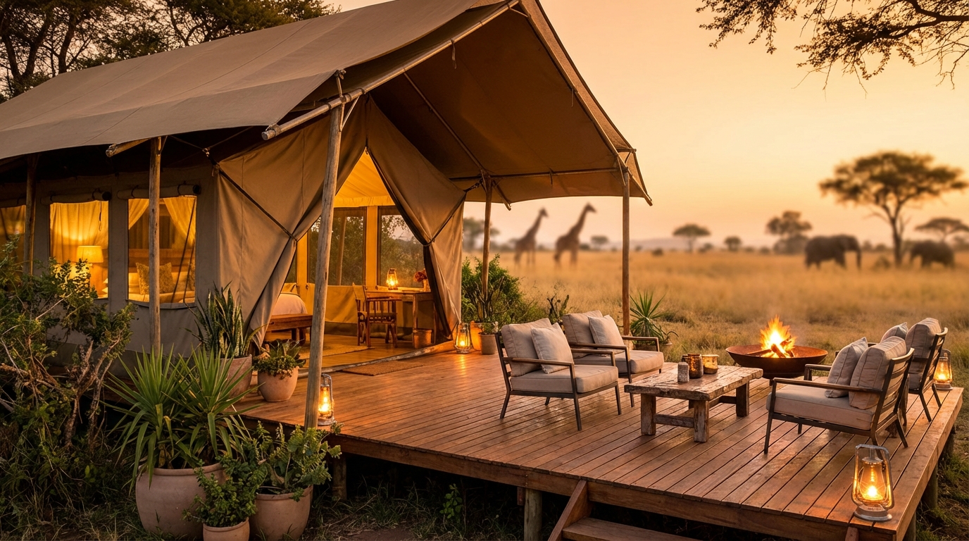 Warmly lit luxury safari tent and wooden deck featuring a roaring fire pit and lounge chairs, overlooking an African savanna at sunset with silhouettes of giraffes and elephants in the distance.