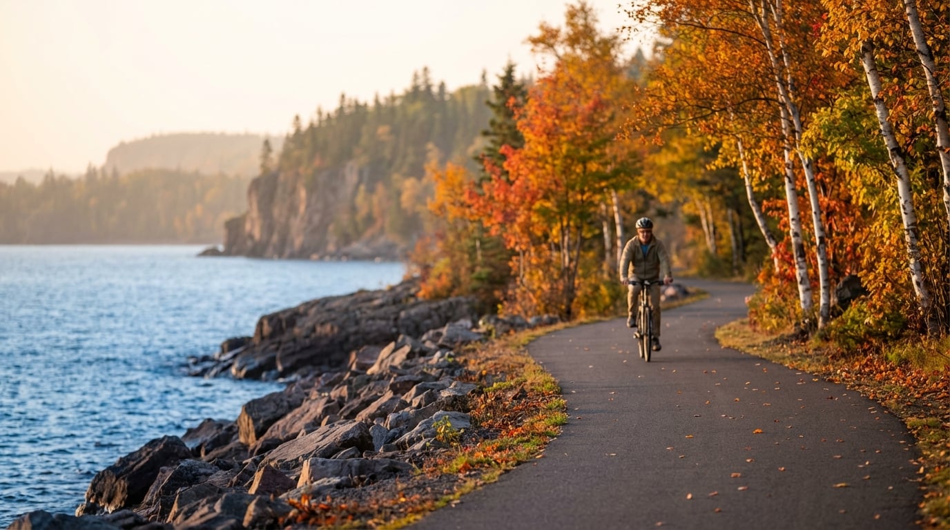 A man riding a bicycle on a paved coastal trail bordered by a rocky shoreline and blue water, surrounded by vibrant orange and yellow autumn foliage.