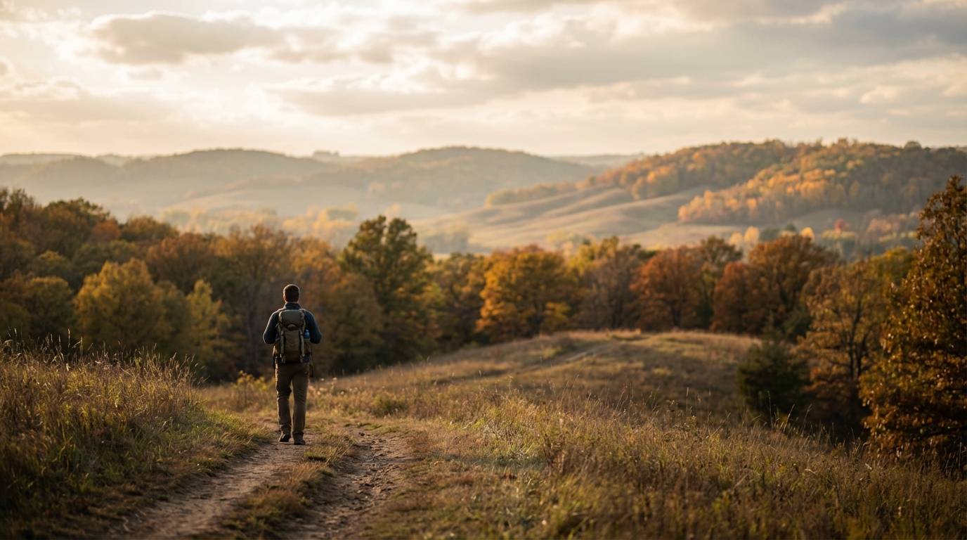 A lone hiker with a backpack walks down a dirt trail toward rolling hills covered in vibrant autumn foliage under a partly cloudy sky with soft sunlight.