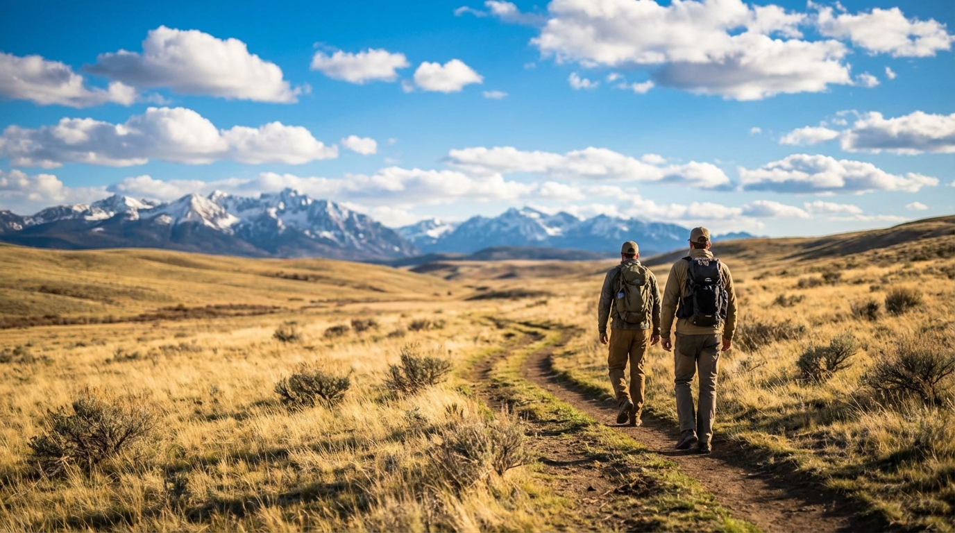 Two men with backpacks hiking on a winding dirt trail through a golden grassy plain toward distant snow-capped mountains under a bright blue sky with scattered clouds.