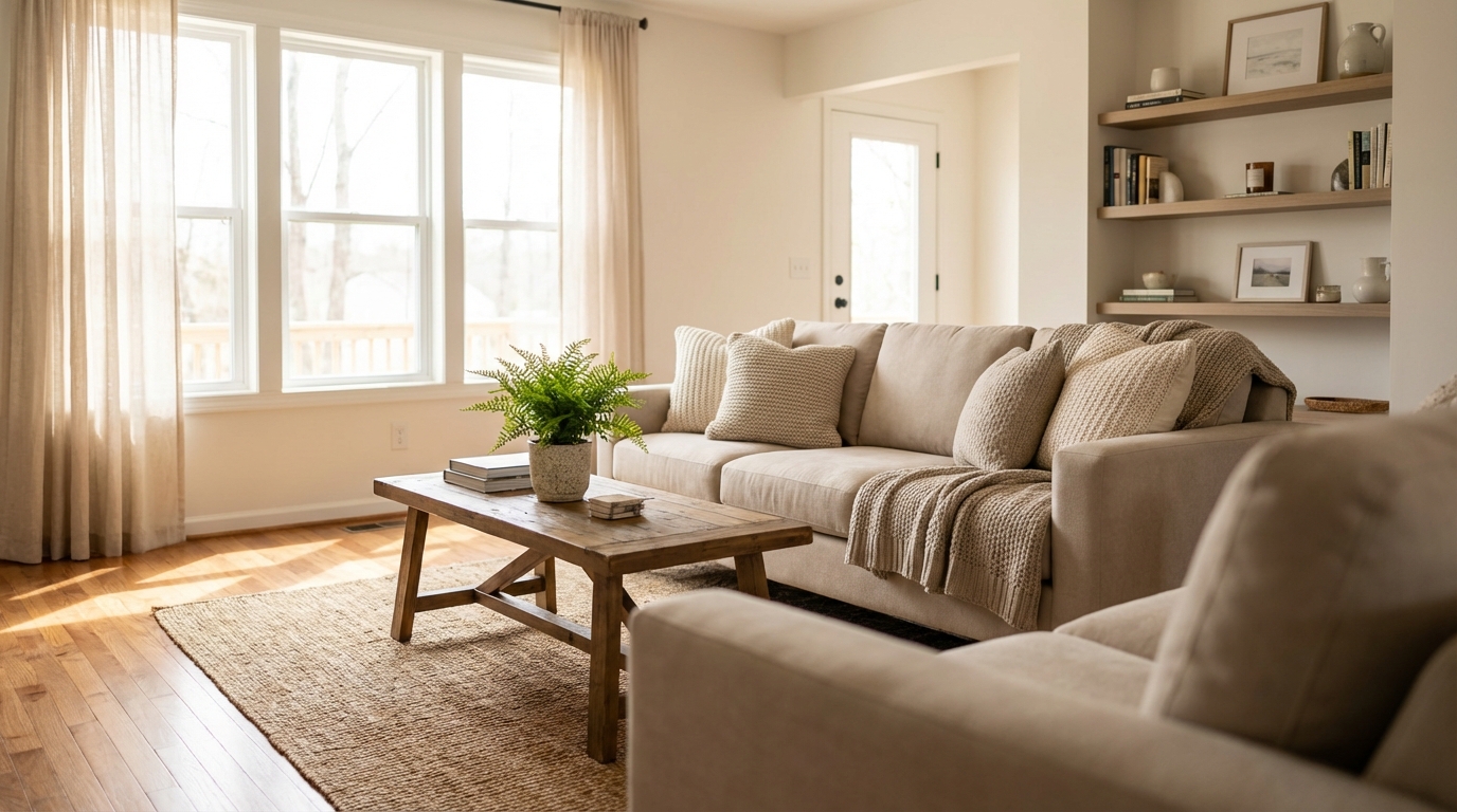 Bright, neutral-toned living room featuring a beige sofa with textured throw pillows, a rustic wooden coffee table holding a potted fern, large windows with sheer curtains, a woven area rug over hardwood floors, and styled wooden floating shelves.
