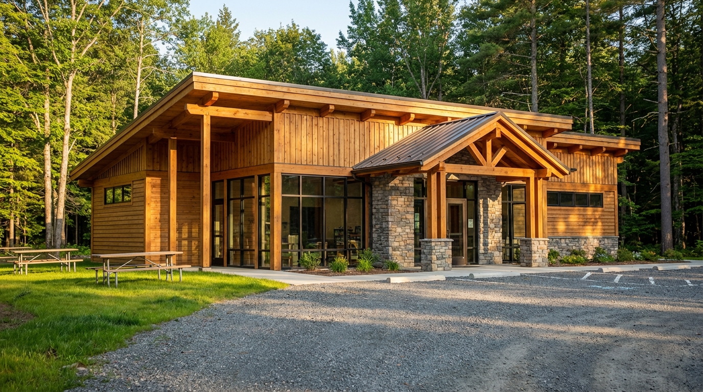 Exterior of a modern wood and stone nature center building with large glass windows, surrounded by a lush green forest, featuring a gravel parking area in the foreground and picnic tables on the adjacent lawn.
