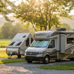 A modern beige motorhome with an extended slide-out and a small white A-frame pop-up camper parked on a gravel campsite pad, surrounded by green grass and mature trees bathed in warm golden hour sunlight.