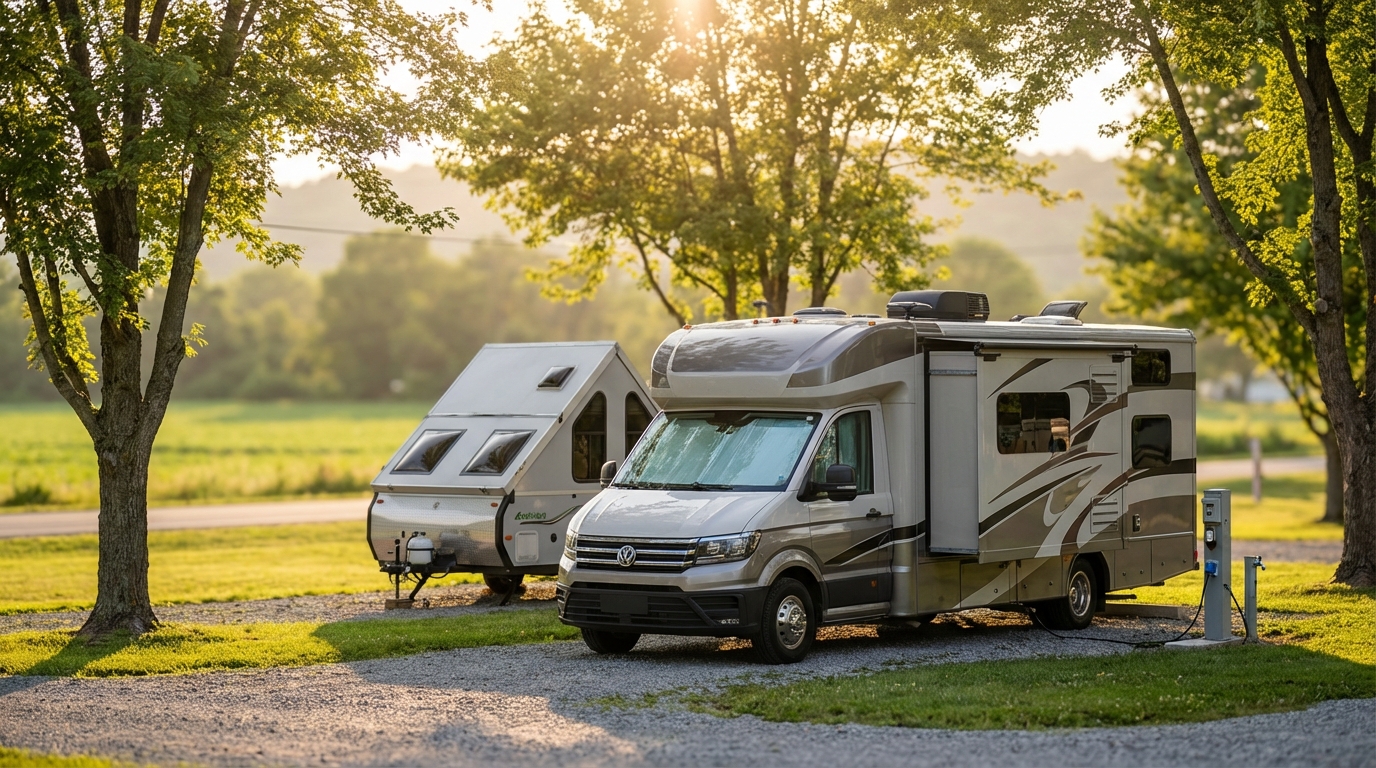 A modern beige motorhome with an extended slide-out and a small white A-frame pop-up camper parked on a gravel campsite pad, surrounded by green grass and mature trees bathed in warm golden hour sunlight.