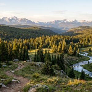 A winding dirt hiking trail descends a grassy hillside towards a vast valley filled with dense evergreen forests and a meandering river, set against a backdrop of distant snow-capped mountain peaks bathed in warm sunlight.