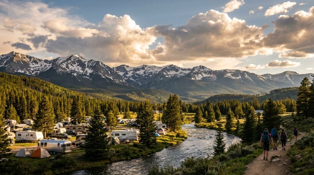 Hikers walk along a dirt trail beside a flowing river toward majestic snow-capped mountains, while across the river, a busy scenic campground is filled with RVs and tents nestled among evergreen pine trees under a partly cloudy sky illuminated by warm sunlight.