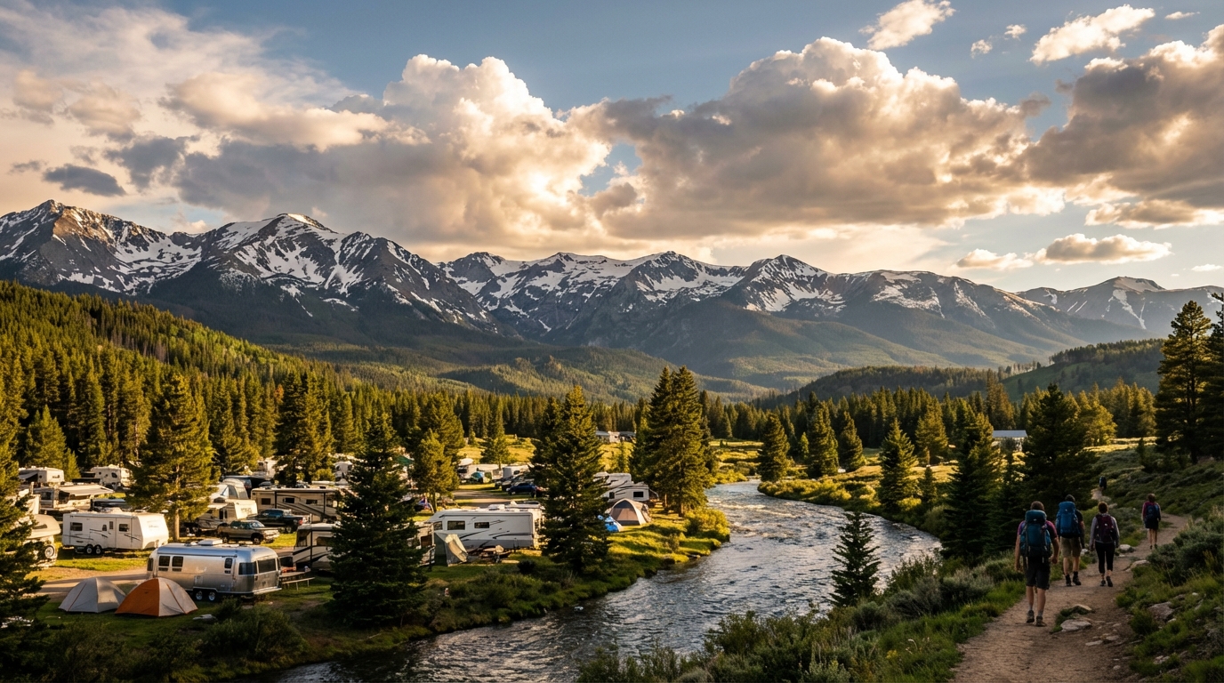 Hikers walk along a dirt trail beside a flowing river toward majestic snow-capped mountains, while across the river, a busy scenic campground is filled with RVs and tents nestled among evergreen pine trees under a partly cloudy sky illuminated by warm sunlight.