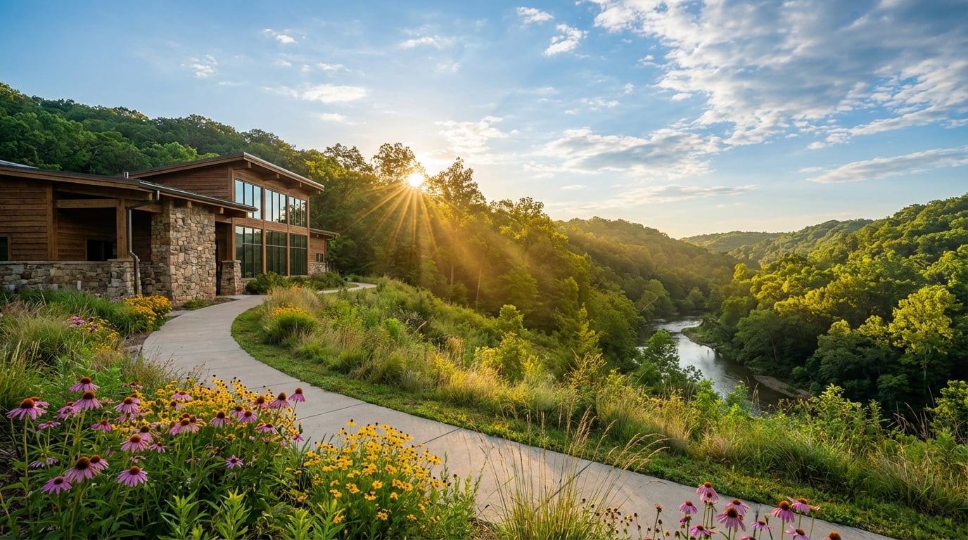Paved walking path lined with purple and yellow wildflowers leading past a rustic wood and stone nature center building. The structure overlooks a lush green forested valley and a winding river bathed in bright golden sun rays under a blue, cloudy sky.