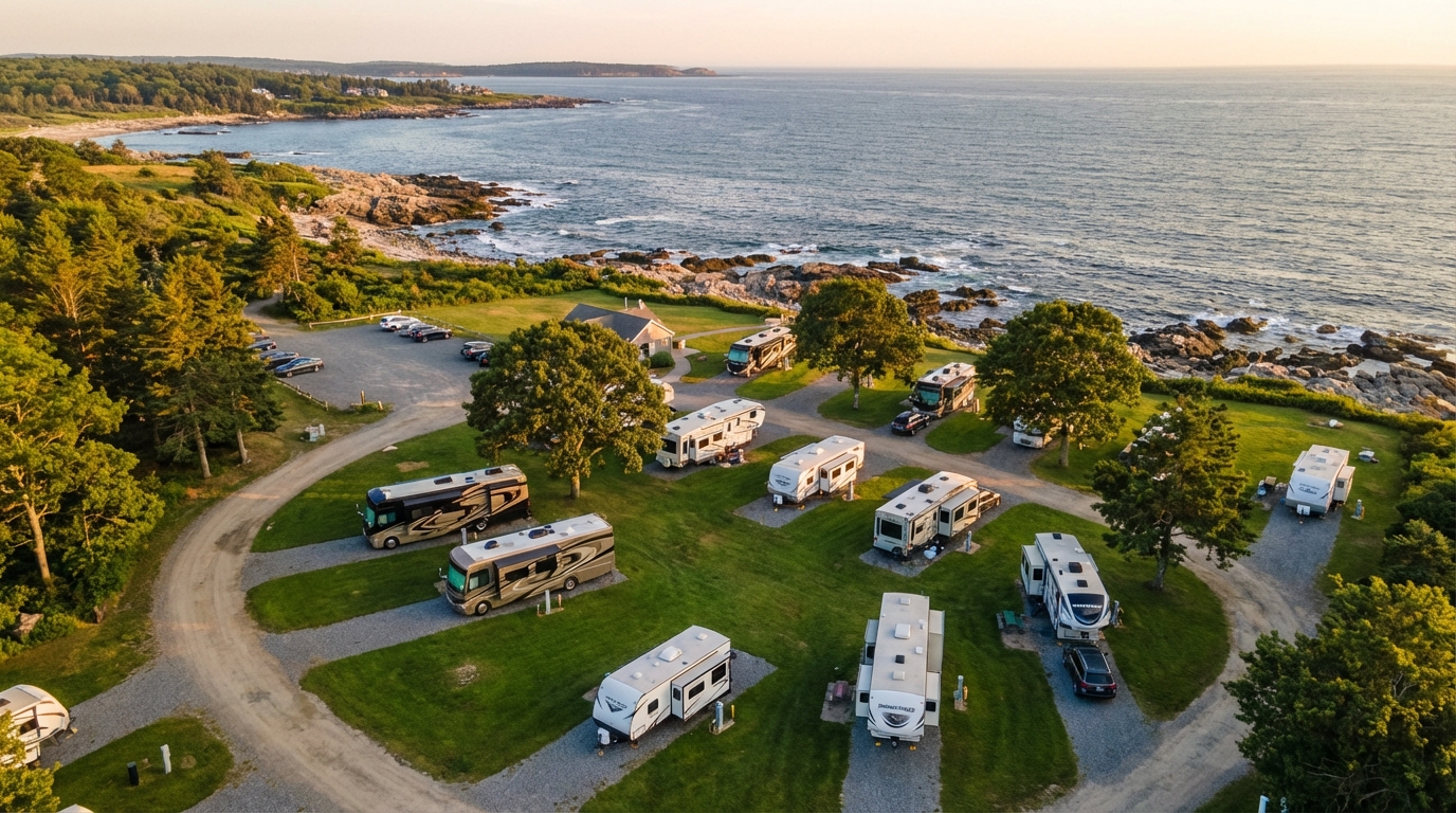 Aerial view of an oceanfront RV campground featuring several motorhomes and travel trailers parked on green grassy sites along a rocky coastline bordered by lush trees at golden hour.