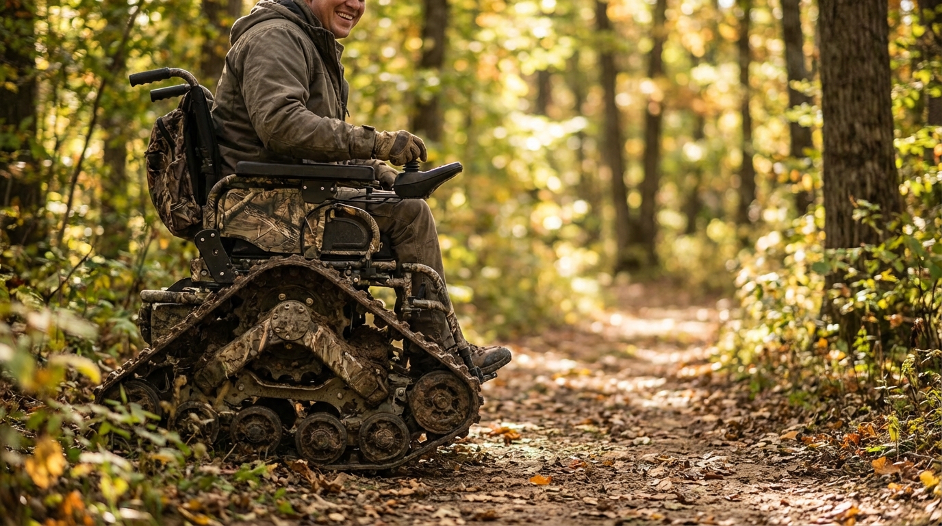 A smiling person in a camouflage all-terrain tracked wheelchair with muddy tank treads navigates a leaf-covered dirt trail in a sunlit forest.