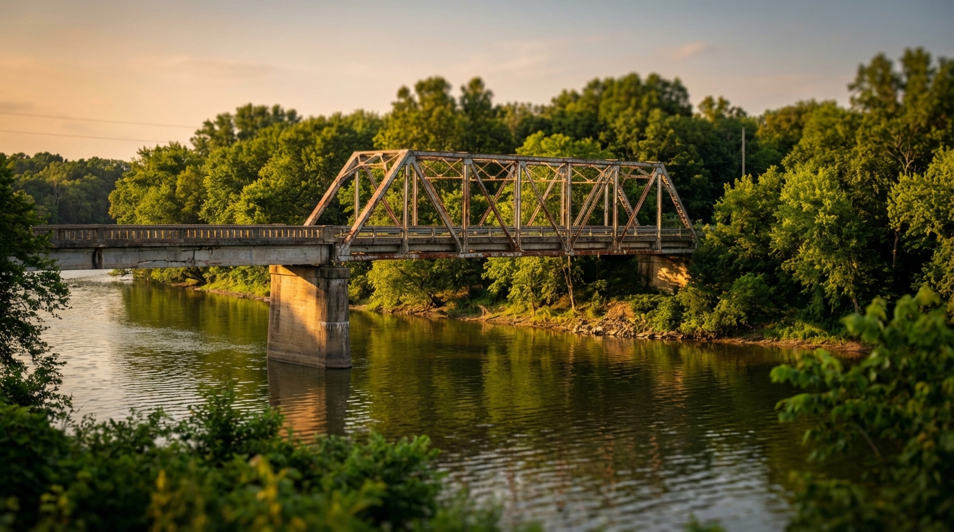An old steel truss bridge with concrete pillars crossing a calm river, surrounded by lush green trees and bathed in warm golden hour sunlight.