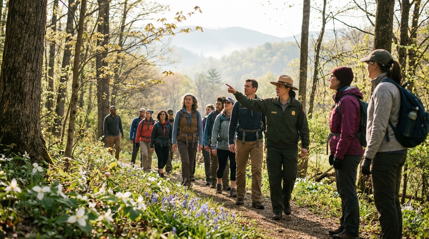 A female park ranger in a green uniform and wide-brimmed hat points ahead while leading a diverse group of hikers along a dirt trail in a sunlit forest lined with blooming white and blue wildflowers, with hazy mountains in the distance.