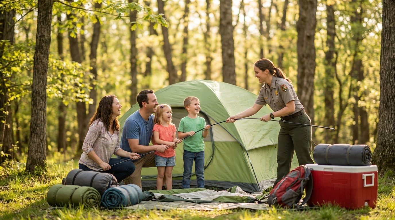 A smiling female park ranger teaches a family of four how to set up camp in a sunlit forest, as the parents and two young children collaboratively hold a tent pole next to a partially pitched green tent, sleeping bags, and a red cooler.