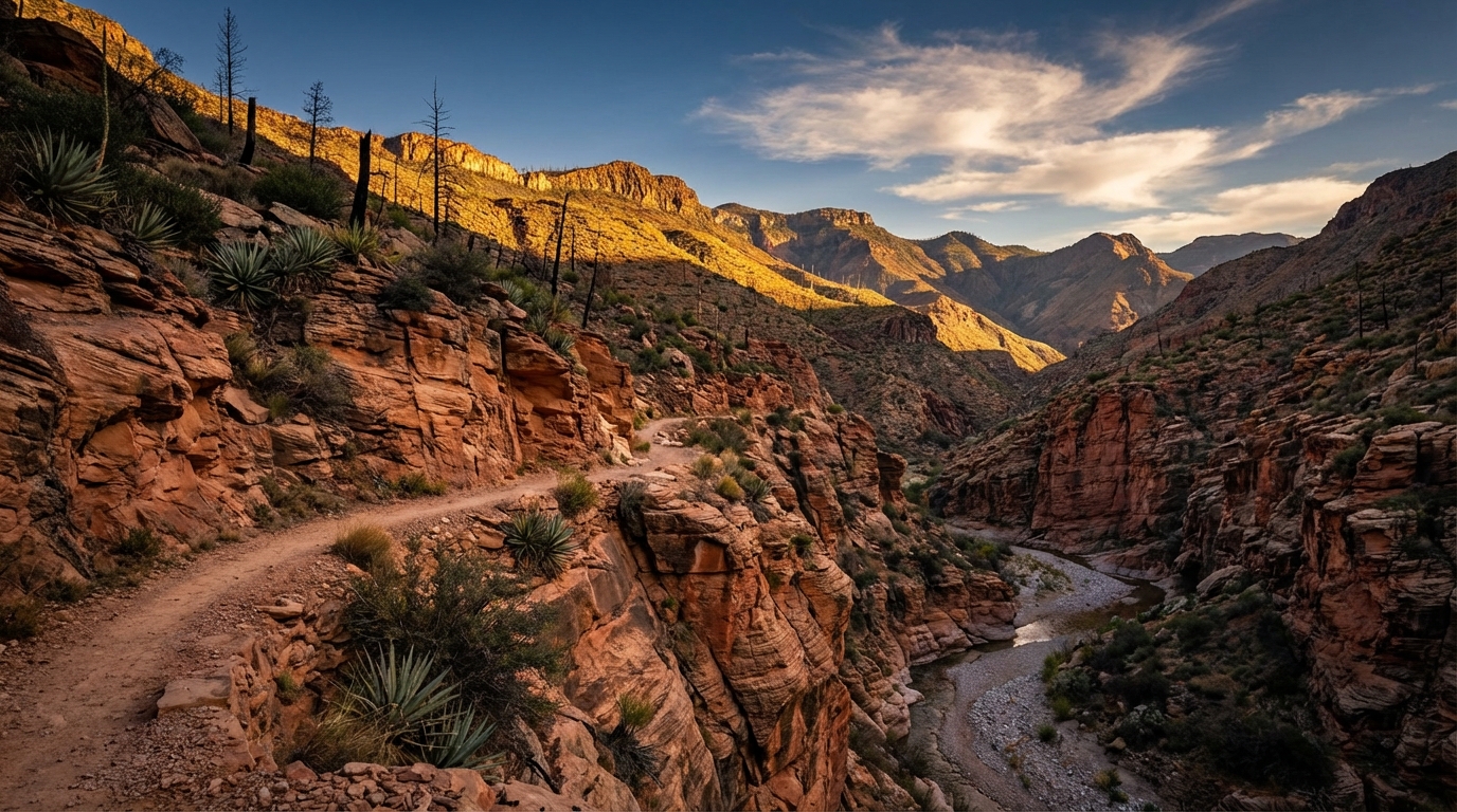 A winding dirt hiking trail carved into steep red rock canyon cliffs, bordered by desert agave plants and sparse vegetation, overlooking a winding river in the valley floor illuminated by golden hour sunlight under a partly cloudy sky.