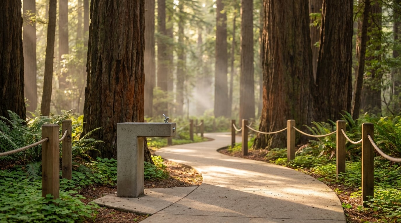 A paved, winding walking path bordered by rope fencing leads through a towering redwood forest. Beside the trail sits a modern concrete water fountain, surrounded by lush green ferns and illuminated by sunlight filtering through the misty trees.