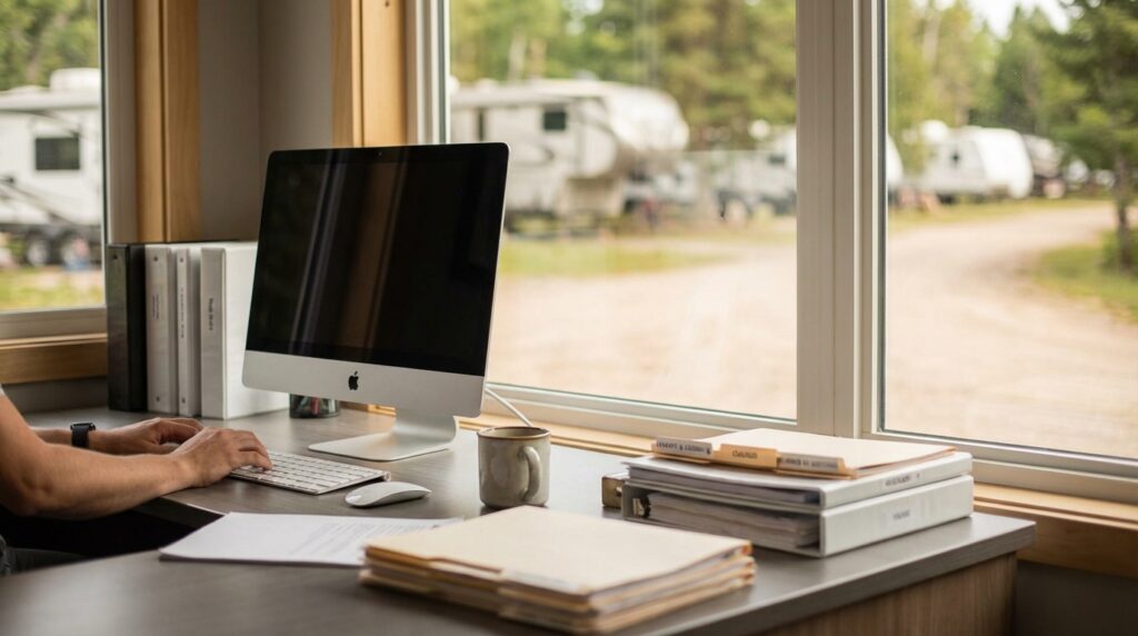 Person typing on an Apple desktop computer at an office desk with files and a coffee mug, positioned in front of large windows overlooking a wooded campground with parked RVs.