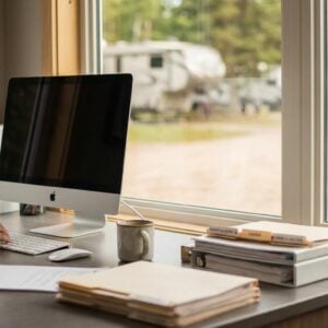 Person typing on an Apple desktop computer at an office desk with files and a coffee mug, positioned in front of large windows overlooking a wooded campground with parked RVs.
